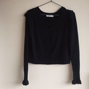 Zara black knit long sleeve cardigan ruffle detail
